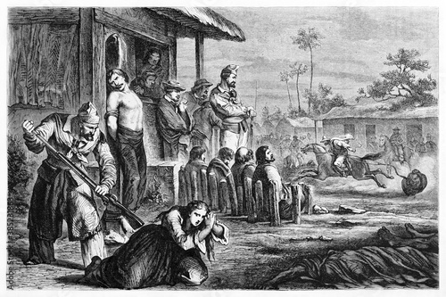 people oppressed in a village by Juan Felipe Ibarra henchmen, Argentina. Ancient grey tone etching style art by Castelli, Le Tour du Monde, Paris, 1861