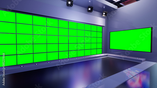 3D Virtual TV Studio News with green screen  3d illustration