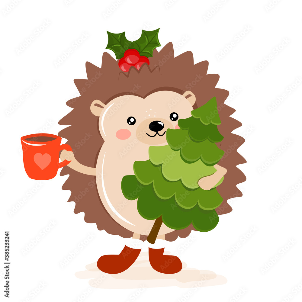 Fototapeta premium Adorable hedgehog in winter. Hand drawn vector hedgehog illustration with chritmas tree and hot cocoa mug. Winter color poster. Good for posters, greeting cards, banners, textiles, gifts, shirts, mugs