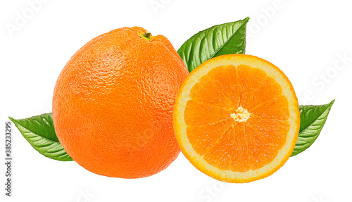 Juicy orange  with leaves isolated on white background with clipping path