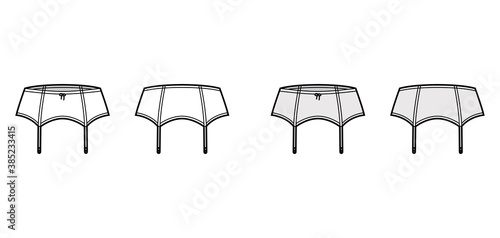 Gather suspender belt High Waist stretch lingerie technical fashion illustration with bow, Elastic waistband. Flat template front, back white grey color style. Women men unisex underwear CAD mockup