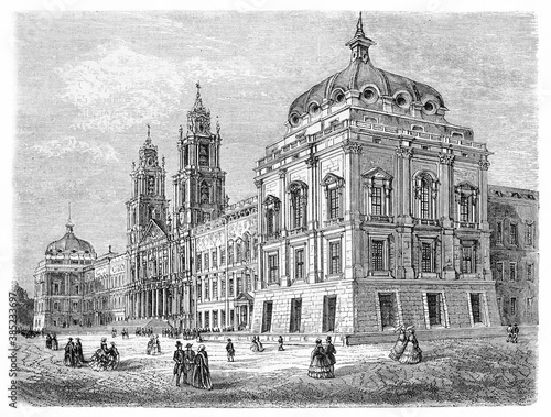 Overall angular view of elegant architecture of Mafra National Palace, Portugal. Ancient grey tone etching style art by Catenacci, Le Tour du Monde, Paris, 1861