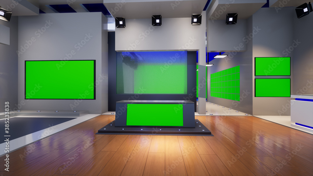 3D Virtual TV Studio News with green screen, 3d illustration 3D Virtual TV Studio News with green screen, 3d illustration