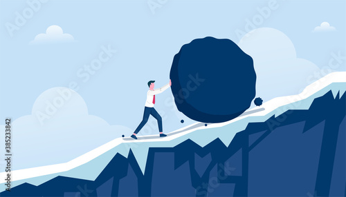 Fotografia Businessman pushing heavy stone uphill vector illustration