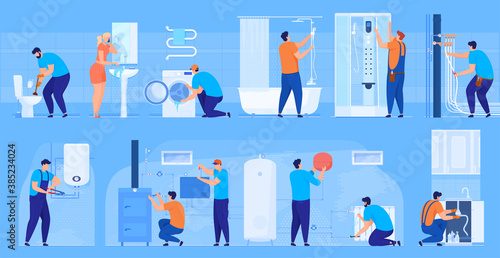 Plumbing work. Bathroom renovation, bath, toilet, washbasin, washing machine, pipes. Woman calls a plumber. Leaking washbasin. Repair of heating system, boiler, heating batteries. Vector illustration