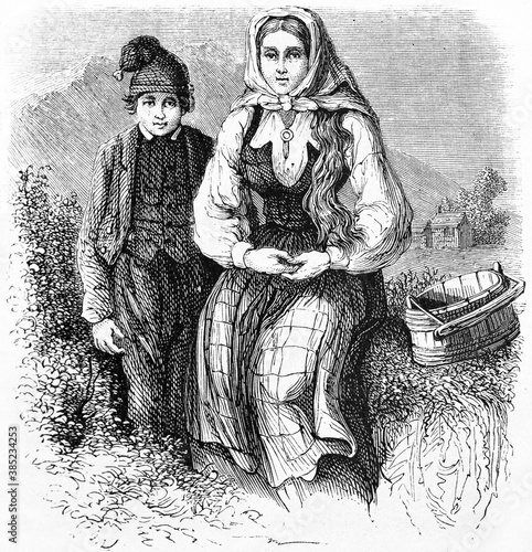 Norwegian sad peasants girl and boy posing outdoor in countryside. Ancient grey tone etching style art by Trichon, Le Tour du Monde, Paris, 1861