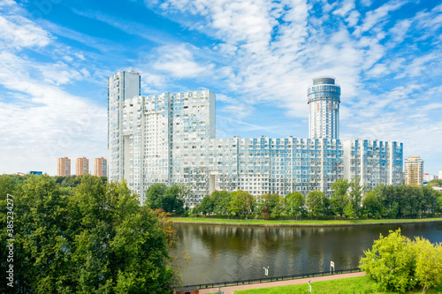 Aerial view of residential buildings in the city of Khimki on the bank of the Moscow Canal