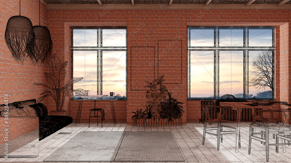 Home renovation, house development concept background, interior design under construction, custom architecture design project, black ink sketch, blueprint showing modern living room Home renovation, house development concept background, interior design under construction, custom architecture design project, black ink sketch, blueprint showing modern living room