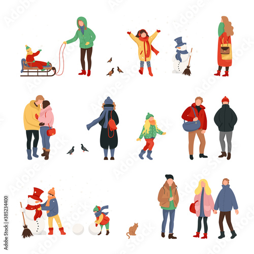 Collection of tiny skating people dressed in winter clothes and having fun on ice rink with family and friends. Winter holiday sticker set with people in vector. People jumping, playing