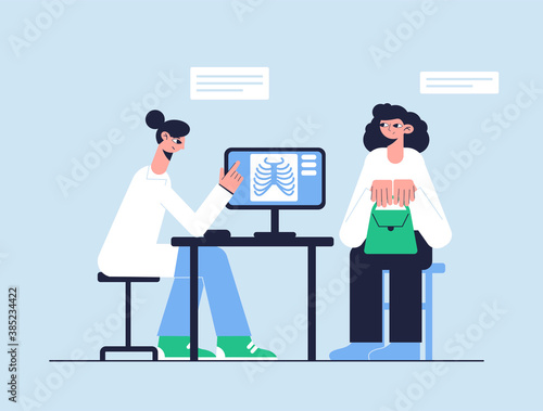 Vector illustration. Medical concept. Doctor shows a chest X-ray to the patient.