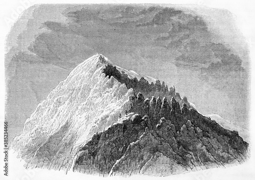 big pointed Pico de Orizaba crater, Mexico, compared to two tiny people on it. Ancient grey tone etching style art by Francais, Le Tour du Monde, Paris, 1861