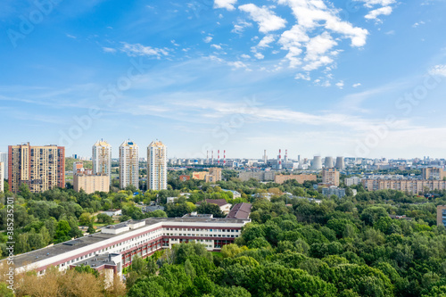 Aerial view of residential buildings in the city of Khimki and the outskirts of Moscow