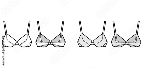 Push-up padded bra lingerie technical fashion illustration with full adjustable straps, molded cups, hook-and-eye closure. Flat template front, back white color style. Women men underwear CAD mockup