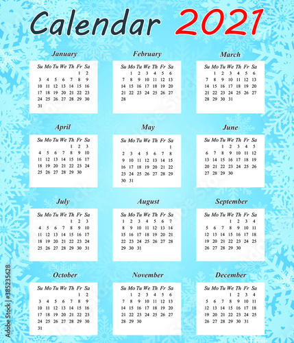 Design of the calendar for 2021. Monthly calendar for 2021. The set is designed for 12 months. The week starts on Sunday. Abstract art of vector illustrations.