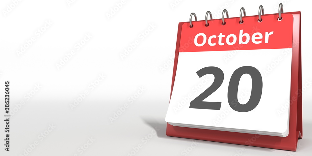 October 20 date on the flip calendar page, 3d rendering October 20 date on the flip calendar page, 3d rendering