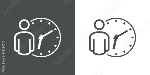 Tiempo de espera. Horario de trabajo. Icono plano lineal hombre con reloj en fondo gris y fondo blanco