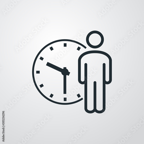 Tiempo de espera. Horario de trabajo. Icono plano lineal hombre con reloj en fondo gris