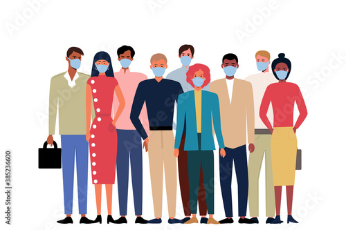 
Beautiful flat illustrations of multiracial masked people on vector background. Cartoon stylish men and women, friends, colleagues, students. the concept of friendship and cooperation quarantine