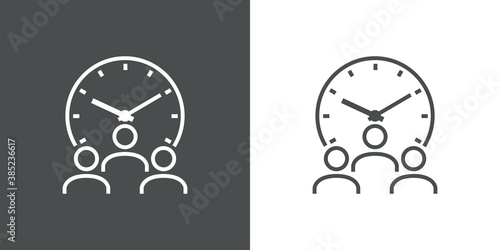 Tiempo de espera. Horario de trabajo. Icono plano lineal grupo de personas con reloj en fondo gris y fondo blanco