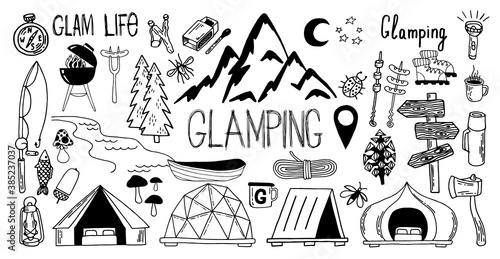 Large set of glamping and camping thin line pictures. Vector illustration in doodle style. Outdoor goods and glamping. Eps 10.