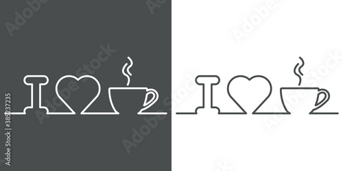 I love coffee. Logotipo línea continua con letra i corazón y taza de café con humo en fondo gris y fondo blanco