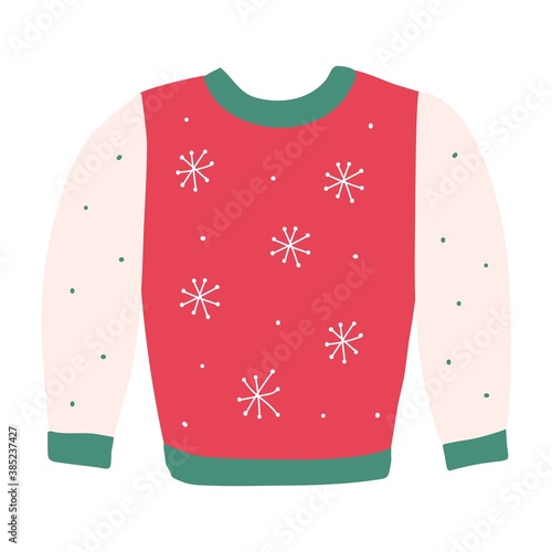 cozy warm Winter sweater with white snowflake. Green and red outerwear. Cozy concept by Hugge. vector illustration isolated on white background.
