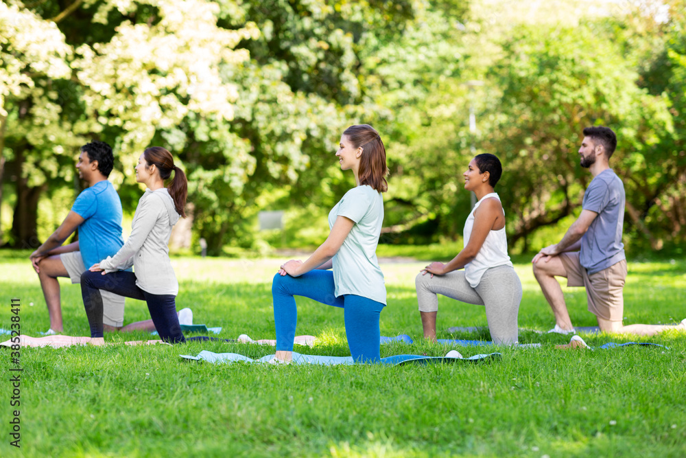 fitness, sport and healthy lifestyle concept - group of happy people doing yoga at summer park fitness, sport and healthy lifestyle concept - group of happy people doing yoga at summer park