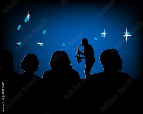 Saxophonist play jazz on stage. Poster for music festival