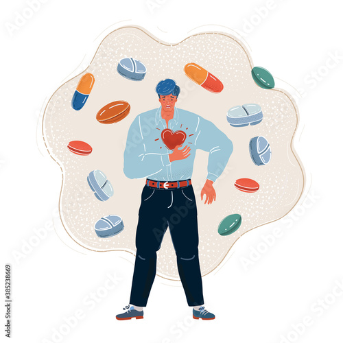 Vector illustration of Sudden chest pain. Man having a heart or panic attack. Lot of pill around him.