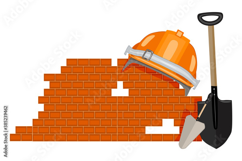 Bricklaying icon isolated on white background. Brick laying symbol or sign with helmet, brick, shovel and trowel. Labour day. Workers day. Construction, professional mason company logo. Stock vector