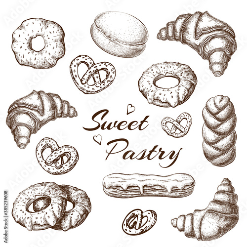 Hand drawn baked products on white background. pastry vector illustration. pastry sketch for cafe or bakery menu design in vintage engraved style. donuts, croissants, eclair, pretzels graphic icon set