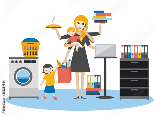 Multitask woman. Mother, businesswoman with baby, older child, working, coocking and calling.