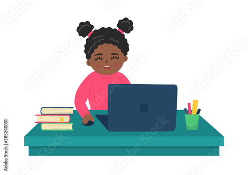 Remote learning. Cute african girl studying using laptop. Online distance education. Educational webinar, online learning technology.