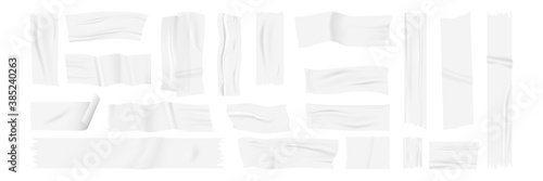 Realistic adhesive tapes set. Collection of realism style drawn adhesives pieces of taped paper stickers and stripes. Illustration of straight wrinkled insulating sticky ribbons mockups templates.