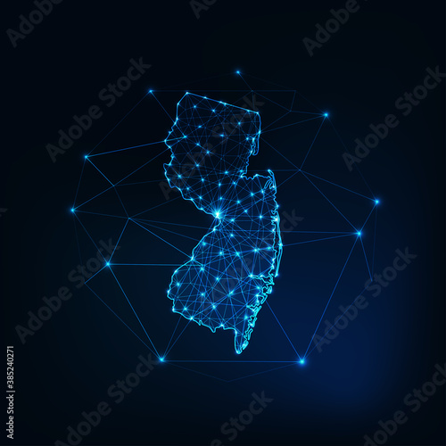 New Jersey state USA map glowing silhouette made of stars lines dots low polygonal shapes.