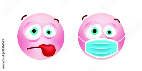 Cute Pink Emoticon with Cartoon Style with Medical Facial Mask on White Background . Isolated Vector Illustration 