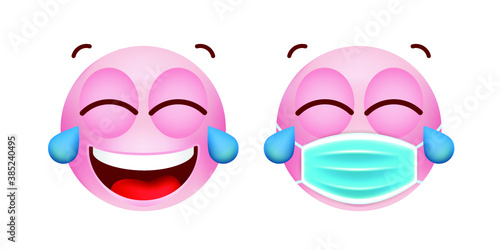 Cute Pink Emoticon with Cartoon Style with Medical Facial Mask on White Background . Isolated Vector Illustration 