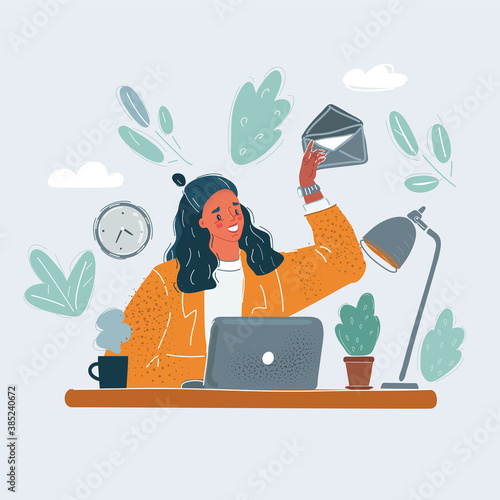 Vector illustration of woman sitting at the desk. Hand pressing e-mail symbol on white background.