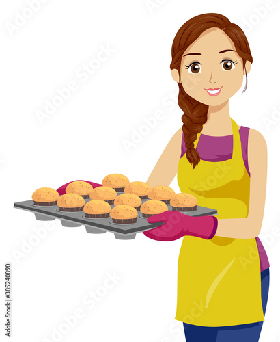 Teen Girl Apron Cupcakes Tray Illustration