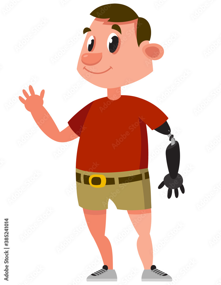 Man with prosthetic arm. Standing male character. Man with prosthetic arm. Standing male character.