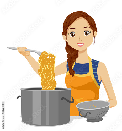 Teen Girl Cook Pasta Coland...