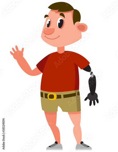 Man with prosthetic arm. Standing male character.