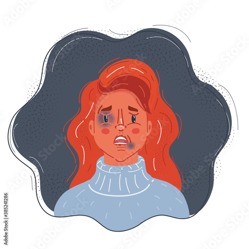 Vector illustration of Portrait of scared woman with marks of ill usage. Violence concept on dark background. photo