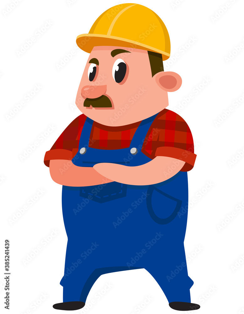 Builder with his arms crossed. Male character in cartoon style.