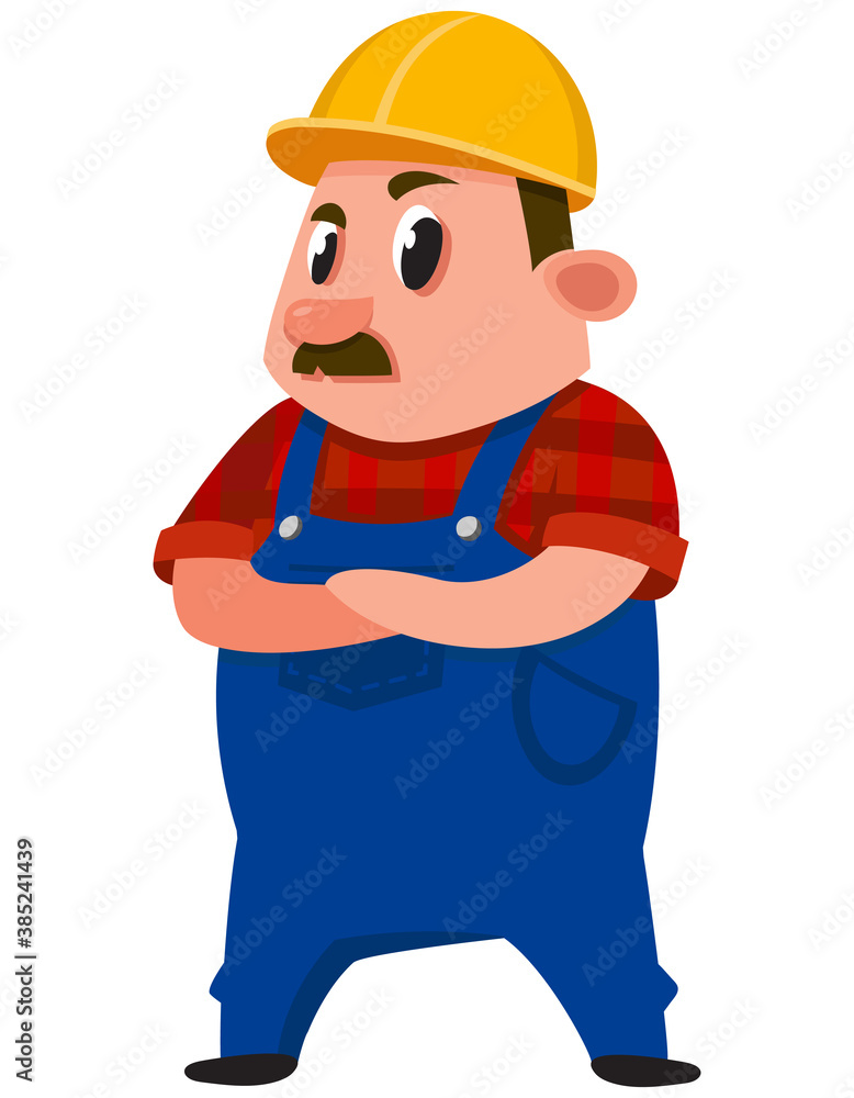 Builder with his arms crossed. Male character in cartoon style. Builder with his arms crossed. Male character in cartoon style.