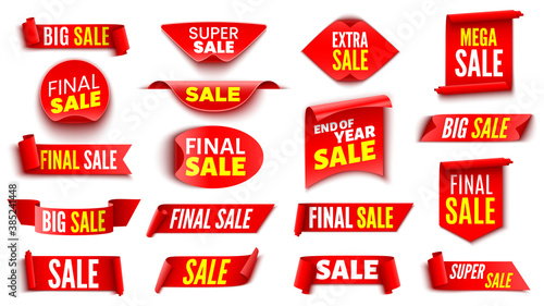 Set of red sale banners on white background. Ribbons and stickers. Vector illustration.