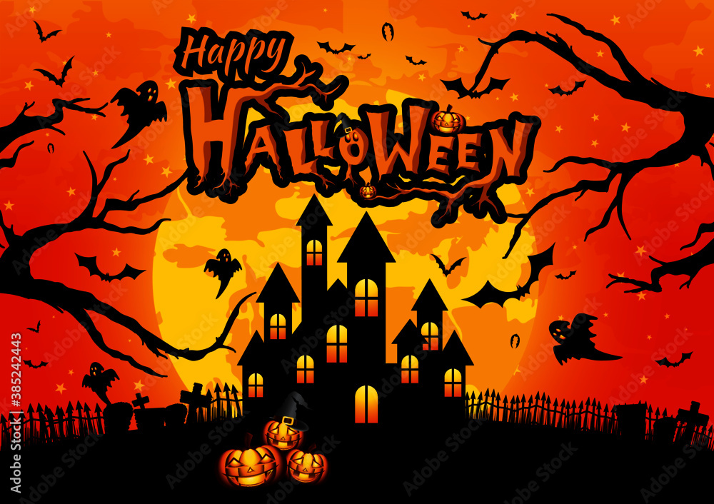 Fotografie Background Hallween, Witch, Haunted House, Ghost, Gravestone, Pumpkins and Bats