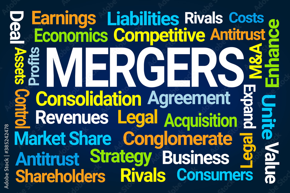Mergers Word Cloud on Blue Background Mergers Word Cloud on Blue Background