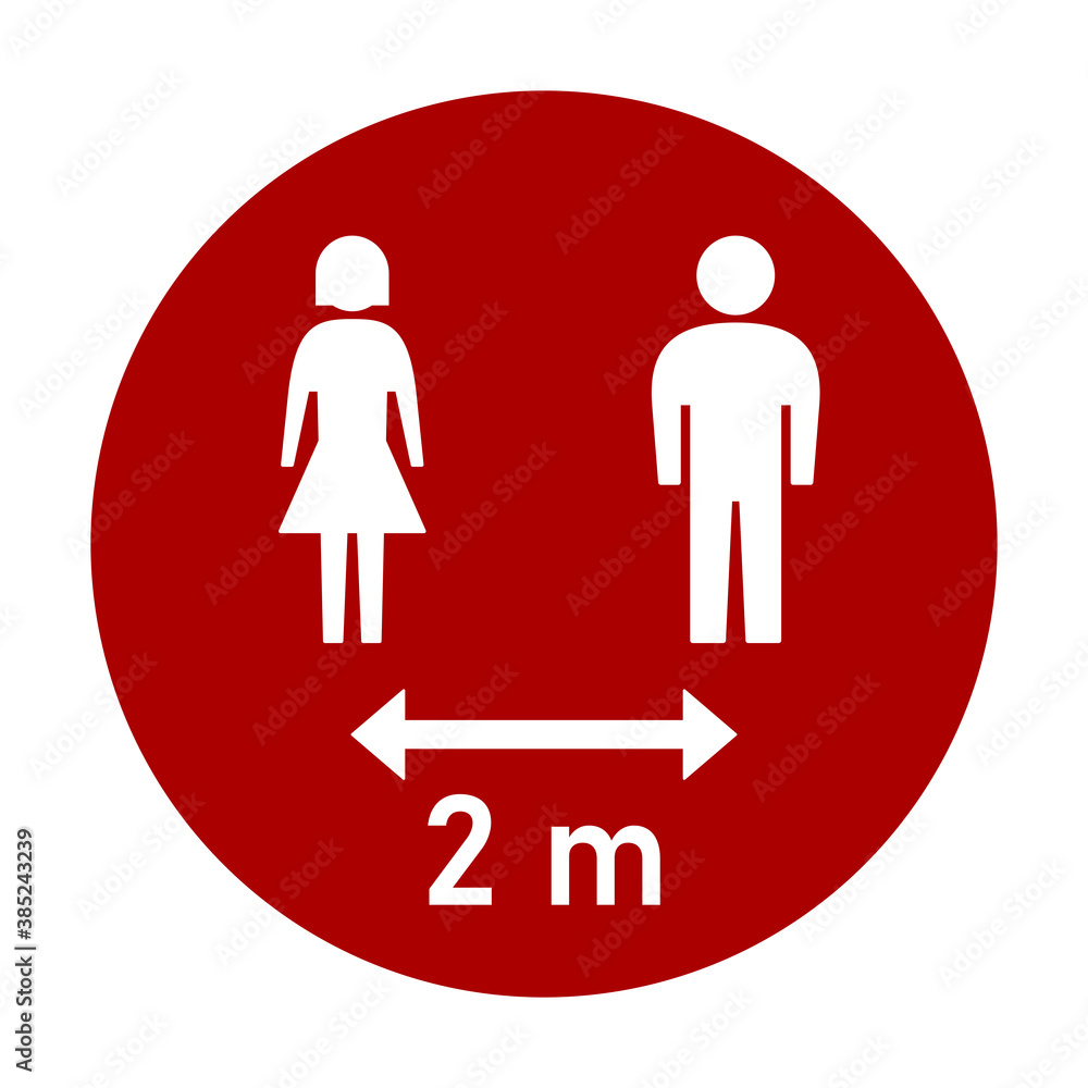 Keep Your Distance 2 m or 2 Metres Round Social Distancing Instruction Sticker Icon with Male and Female Figures. Vector Image. Keep Your Distance 2 m or 2 Metres Round Social Distancing Instruction Sticker Icon with Male and Female Figures. Vector Image.