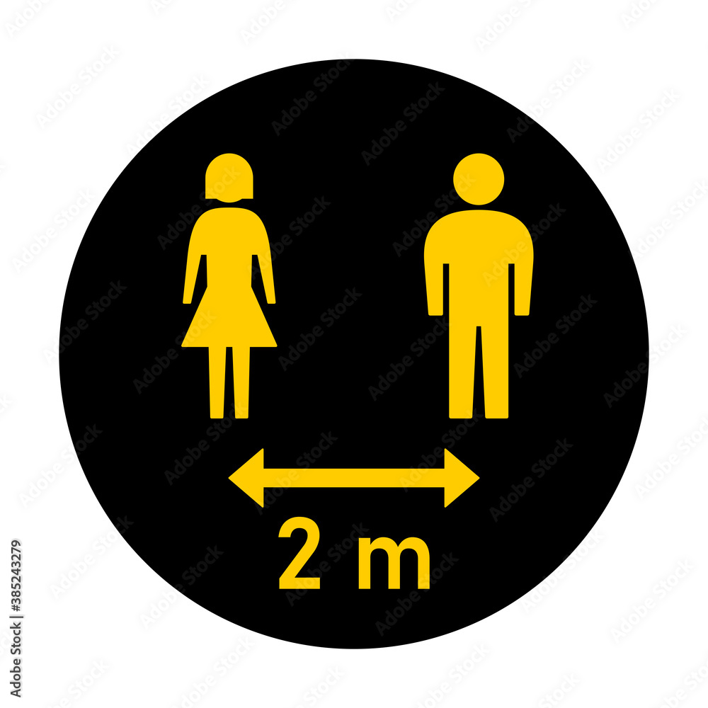 Keep Your Distance 2 m or 2 Metres Round Social Distancing Instruction Sticker Icon with Male and Female Figures. Vector Image. Keep Your Distance 2 m or 2 Metres Round Social Distancing Instruction Sticker Icon with Male and Female Figures. Vector Image.
